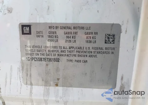 2014 Chevrolet Cruze 1Lt Auto z USA, uszkodzony, nr VIN 1G1PC5SB7E7361802